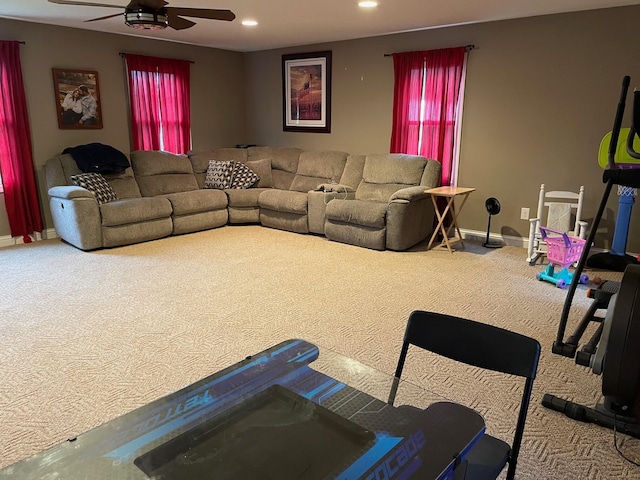 7719 Bear Run Rd, Logan, OH 43138 - carpeted living room featuring ceiling fan, recessed lighting, and baseboards