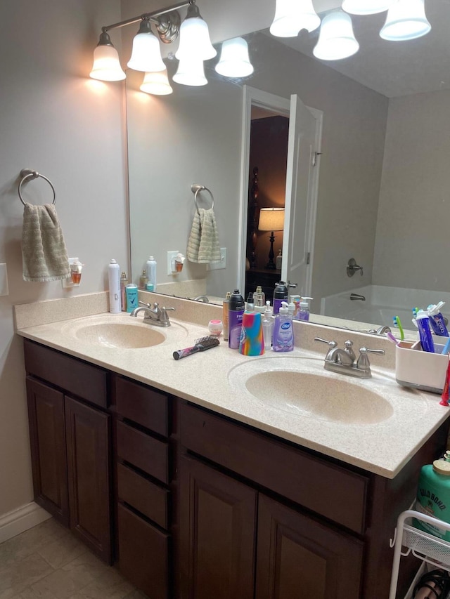 7719 Bear Run Rd, Logan, OH 43138 - full bathroom with double vanity, a chandelier, and a bath