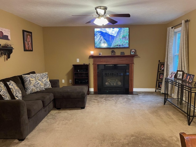 7719 Bear Run Rd, Logan, OH 43138 - carpeted living area with a glass covered fireplace, ceiling fan, baseboards, and a textured ceiling