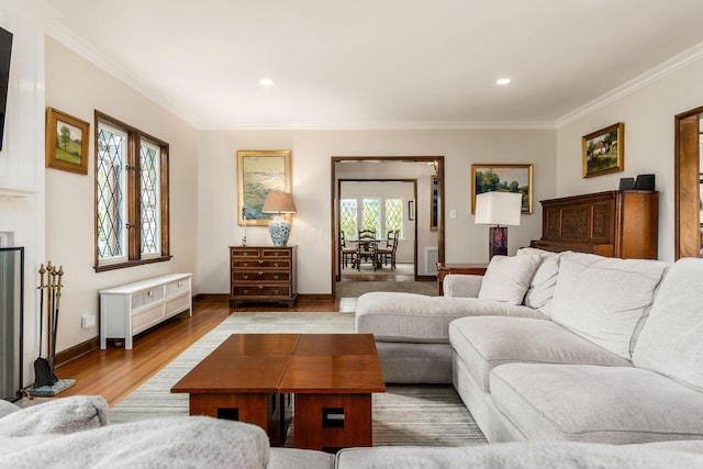 living area featuring crown molding, baseboards, wood finished floors, and recessed lighting