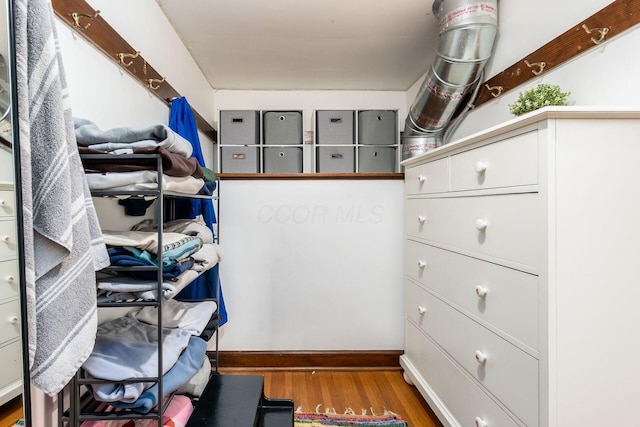 walk in closet with wood finished floors