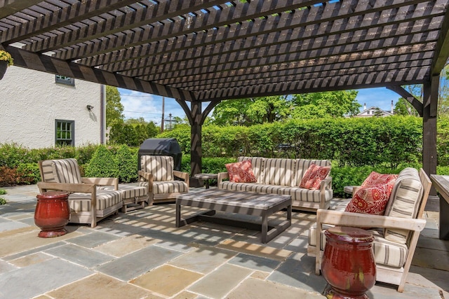 view of patio featuring outdoor lounge area and a pergola