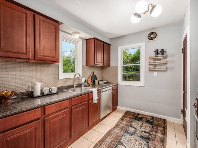 kitchen featuring stainless steel dishwasher, a sink, healthy amount of natural light, and decorative backsplash