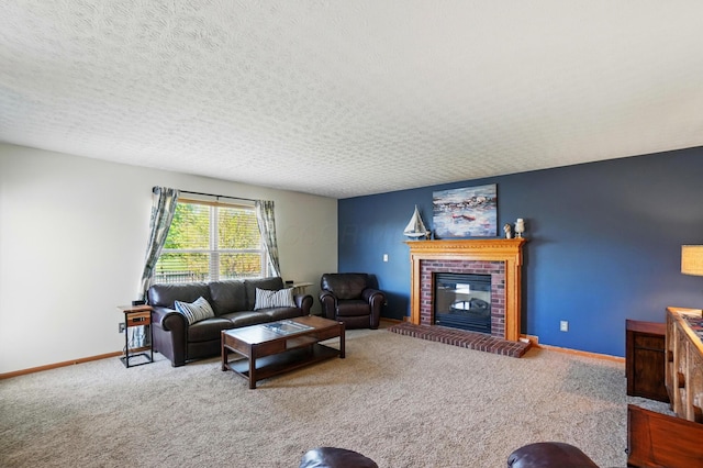 8380 Squad Dr, Galloway, OH 43119 - carpeted living area with a brick fireplace, baseboards, and a textured ceiling