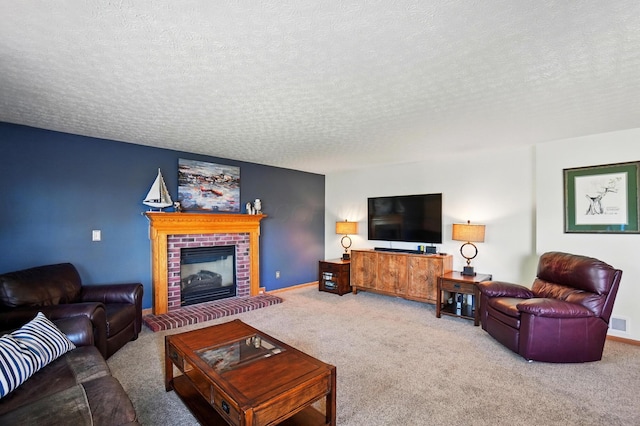 8380 Squad Dr, Galloway, OH 43119 - carpeted living room with a textured ceiling, a fireplace, and baseboards