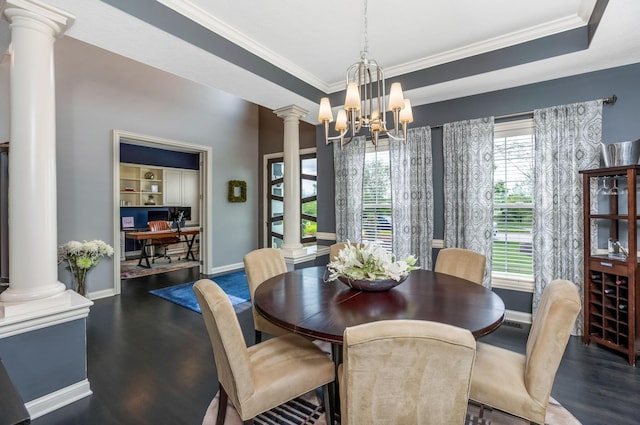 4166 Borge Way, Dublin, OH 43016 - dining space featuring ornate columns, ornamental molding, wood finished floors, baseboards, and a chandelier