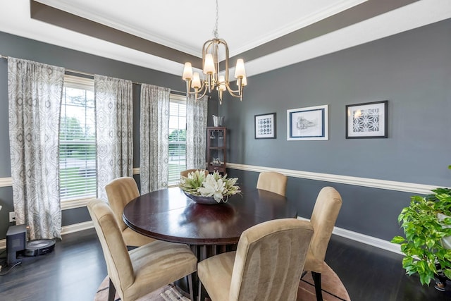 4166 Borge Way, Dublin, OH 43016 - dining area featuring wood finished floors, baseboards, a chandelier, crown molding, and a raised ceiling