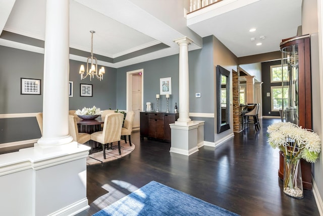 4166 Borge Way, Dublin, OH 43016 - dining area featuring decorative columns, wood finished floors, crown molding, baseboards, and recessed lighting