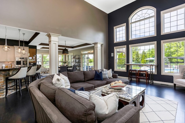 4166 Borge Way, Dublin, OH 43016 - living room with ornate columns, wood finished floors, crown molding, a high ceiling, and baseboards