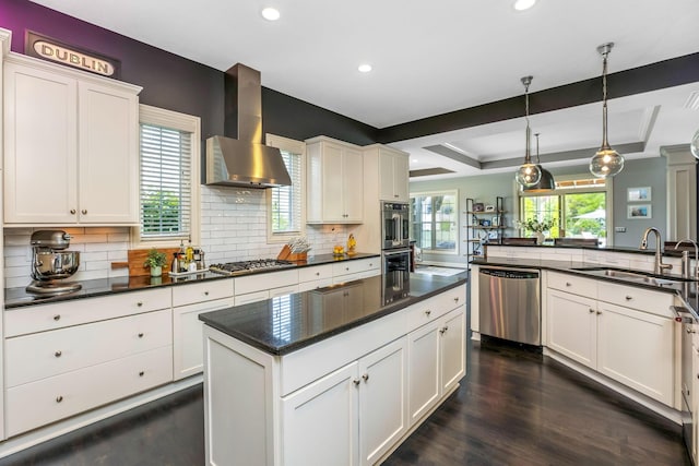 4166 Borge Way, Dublin, OH 43016 - kitchen featuring appliances with stainless steel finishes, wall chimney exhaust hood, a sink, recessed lighting, and dark wood finished floors