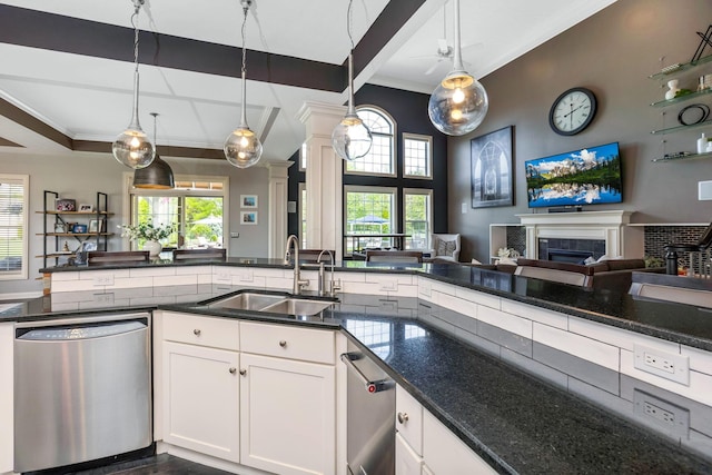 4166 Borge Way, Dublin, OH 43016 - kitchen with dishwasher, open floor plan, a sink, ornate columns, and crown molding