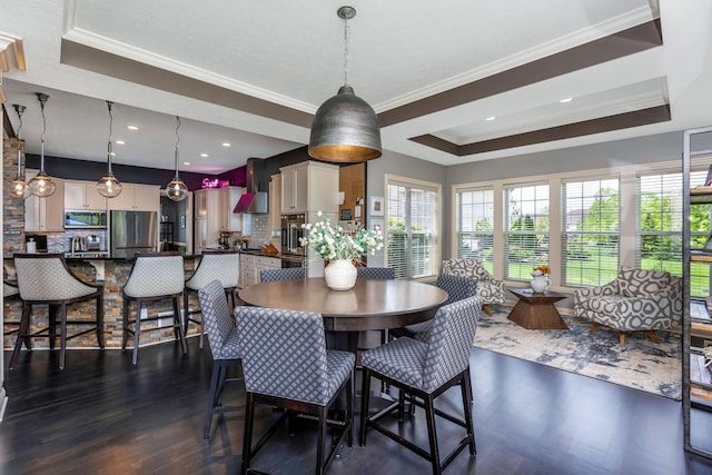 4166 Borge Way, Dublin, OH 43016 - dining space featuring a tray ceiling, dark wood finished floors, and crown molding