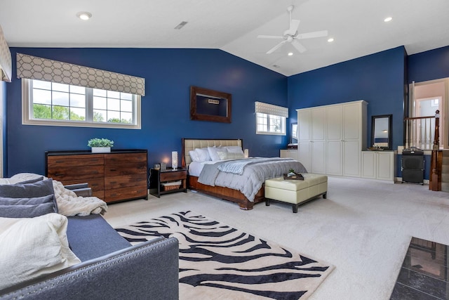 4166 Borge Way, Dublin, OH 43016 - carpeted bedroom with lofted ceiling, multiple windows, a ceiling fan, and recessed lighting