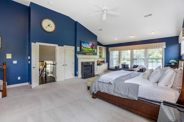 4166 Borge Way, Dublin, OH 43016 - carpeted bedroom featuring high vaulted ceiling, a fireplace, baseboards, and a ceiling fan
