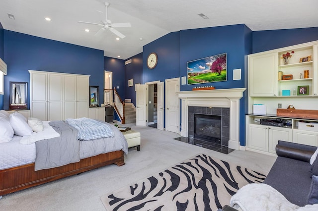 4166 Borge Way, Dublin, OH 43016 - carpeted bedroom with high vaulted ceiling, a fireplace, and ceiling fan