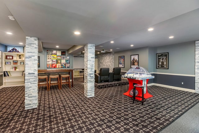 4166 Borge Way, Dublin, OH 43016 - recreation room with ornate columns, carpet floors, a bar, recessed lighting, and baseboards