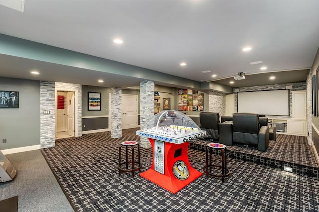 4166 Borge Way, Dublin, OH 43016 - game room with ornate columns, dark colored carpet, recessed lighting, and baseboards