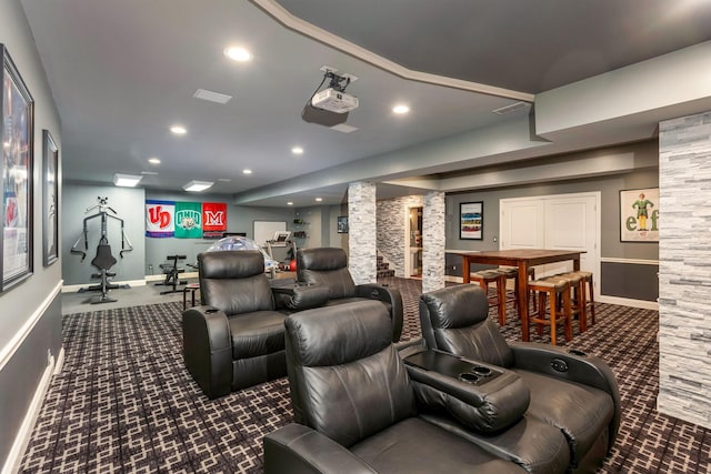 4166 Borge Way, Dublin, OH 43016 - cinema featuring dark colored carpet, decorative columns, baseboards, and recessed lighting