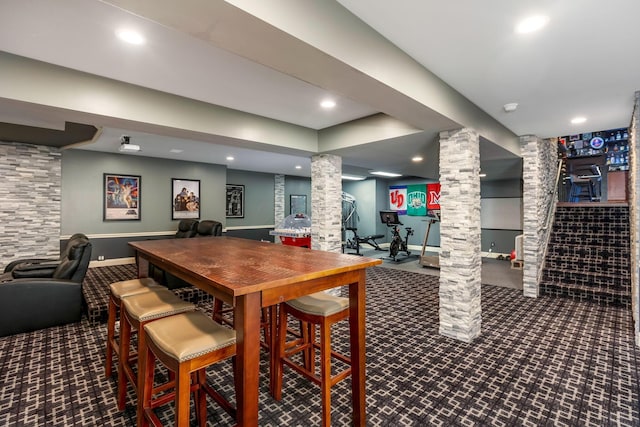 4166 Borge Way, Dublin, OH 43016 - dining space with ornate columns, carpet floors, recessed lighting, and baseboards