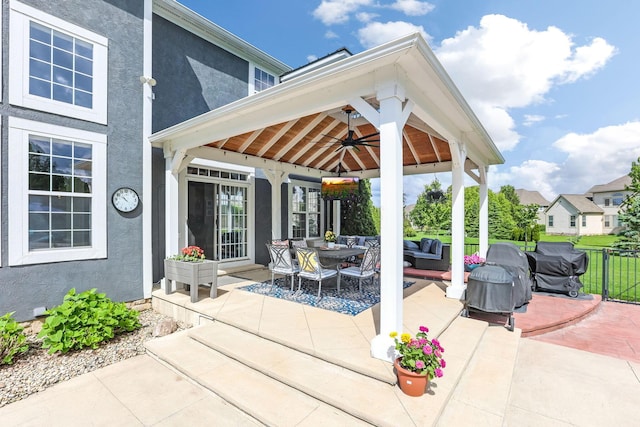 4166 Borge Way, Dublin, OH 43016 - view of patio with a gazebo, a ceiling fan, and an outdoor hangout area