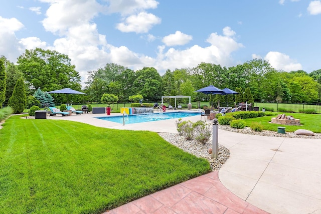 4166 Borge Way, Dublin, OH 43016 - view of swimming pool with an outdoor living space with a fire pit and a patio