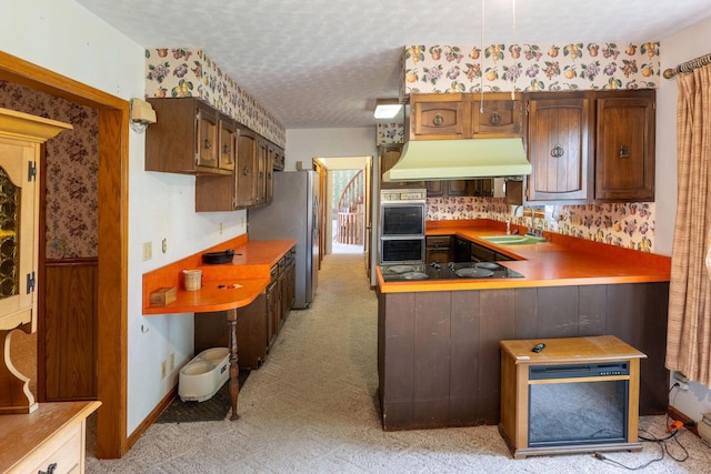 kitchen with ventilation hood, wallpapered walls, a sink, appliances with stainless steel finishes, and light colored carpet
