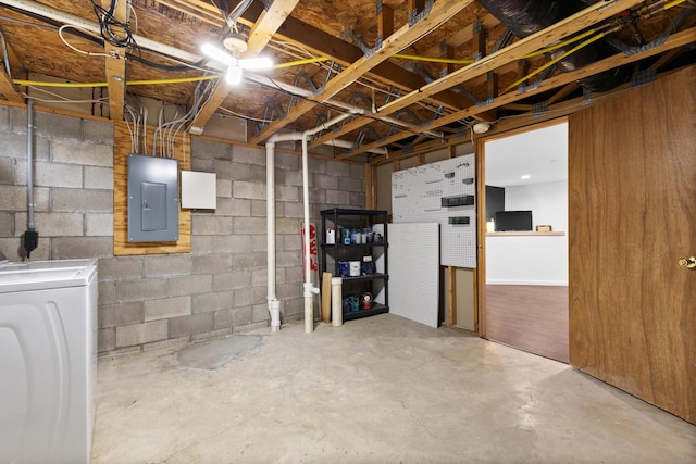 4102 Blendon Way Dr, Columbus, OH 43230 - unfinished below grade area featuring washer / clothes dryer, electric panel, and concrete block wall