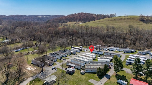 aerial overview of property's location featuring a forest and mountains