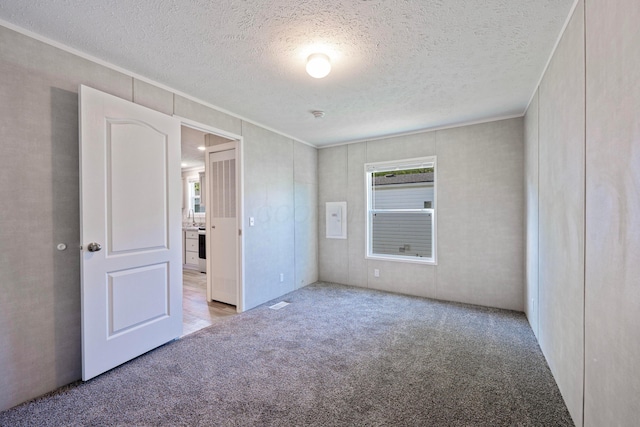 unfurnished bedroom with carpet, a textured ceiling, and crown molding