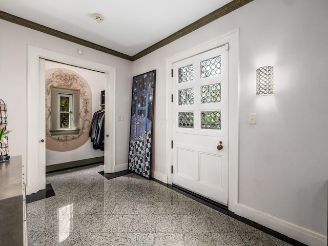 10 Park Dr, Columbus, OH 43209 - foyer entrance featuring baseboards, granite floors, and ornamental molding