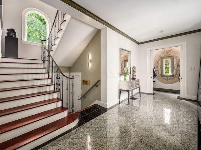 10 Park Dr, Columbus, OH 43209 - foyer entrance featuring granite floors, baseboards, stairway, and ornamental molding