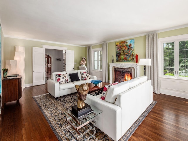10 Park Dr, Columbus, OH 43209 - living room with wood-type flooring, a premium fireplace, crown molding, baseboards, and arched walkways
