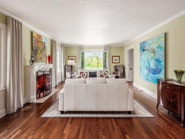 10 Park Dr, Columbus, OH 43209 - living area featuring wood finished floors, a fireplace with flush hearth, baseboards, and crown molding