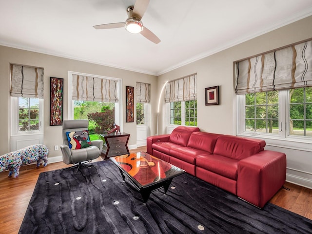 10 Park Dr, Columbus, OH 43209 - living room featuring ornamental molding, ceiling fan, and wood finished floors