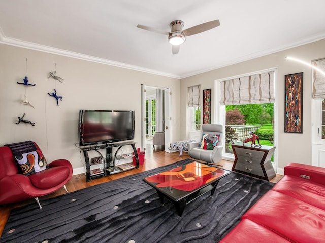 10 Park Dr, Columbus, OH 43209 - living area featuring ornamental molding, a ceiling fan, plenty of natural light, wood finished floors, and baseboards