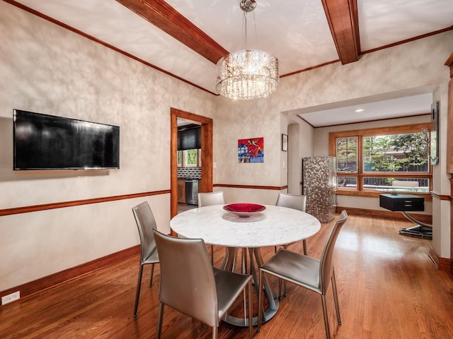 10 Park Dr, Columbus, OH 43209 - dining space featuring wood finished floors, beamed ceiling, a chandelier, and baseboards