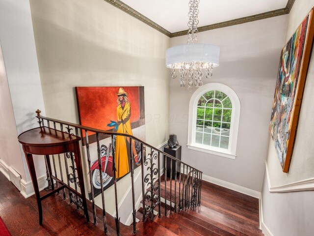 10 Park Dr, Columbus, OH 43209 - stairs with wood finished floors, baseboards, a chandelier, and ornamental molding