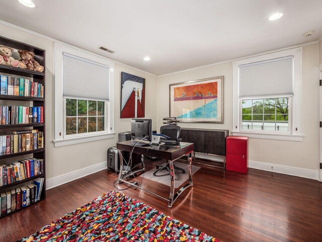 10 Park Dr, Columbus, OH 43209 - home office with wood finished floors, baseboards, ornamental molding, and recessed lighting