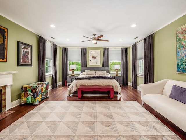 10 Park Dr, Columbus, OH 43209 - bedroom featuring wood finished floors, baseboards, crown molding, recessed lighting, and ceiling fan