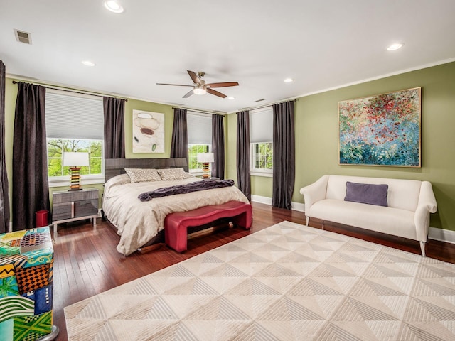 10 Park Dr, Columbus, OH 43209 - bedroom featuring hardwood / wood-style flooring, ornamental molding, baseboards, recessed lighting, and ceiling fan