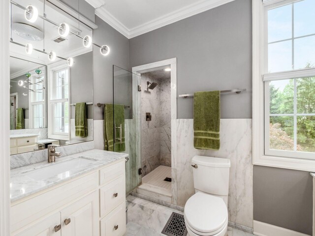 10 Park Dr, Columbus, OH 43209 - bathroom with crown molding, a stall shower, toilet, marble finish flooring, and vanity