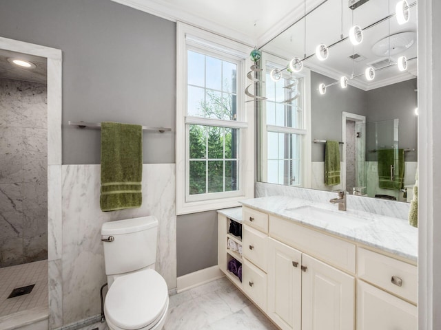 10 Park Dr, Columbus, OH 43209 - full bathroom featuring marble look tiles, walk in shower, toilet, ornamental molding, and vanity