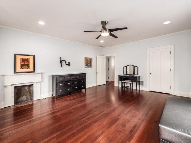 10 Park Dr, Columbus, OH 43209 - living room featuring a ceiling fan, ornamental molding, a fireplace, wood finished floors, and recessed lighting