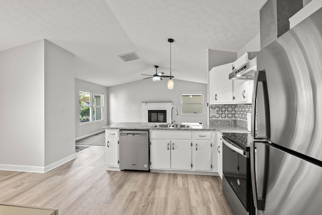 2458 Dunsworth Dr, Columbus, OH 43235 - kitchen featuring stainless steel appliances, a sink, ceiling fan, light wood-style flooring, and lofted ceiling