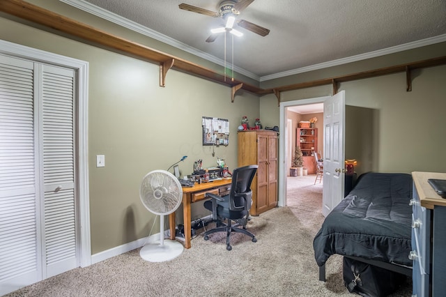 6010 Versailles Rd, Piqua, OH 45356 - bedroom with carpet flooring, an office area, crown molding, baseboards, and a textured ceiling