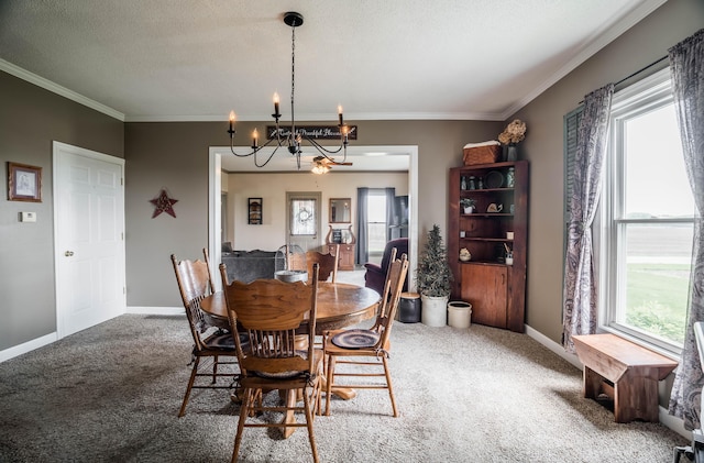 6010 Versailles Rd, Piqua, OH 45356 - carpeted dining area featuring a chandelier, healthy amount of natural light, crown molding, baseboards, and a textured ceiling