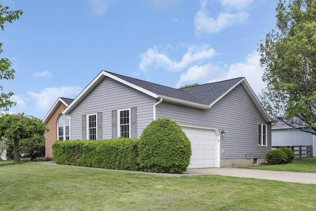 11708 Broad St, Millersport, OH 43046 - view of property exterior featuring a garage, a yard, a shingled roof, and concrete driveway