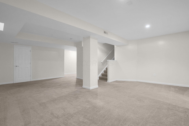 210 Carson Ct, Pickerington, OH 43147 - finished basement featuring light colored carpet, stairway, baseboards, and recessed lighting