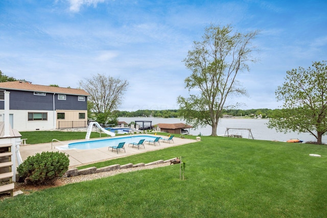 1380 E Choctaw Dr, London, OH 43140 - outdoor pool featuring a water slide, a patio, a yard, and a water view
