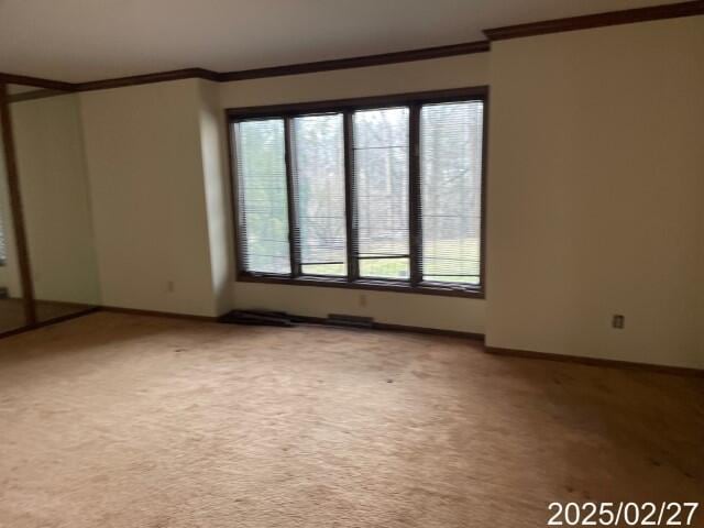 spare room with ornamental molding, light carpet, and baseboards
